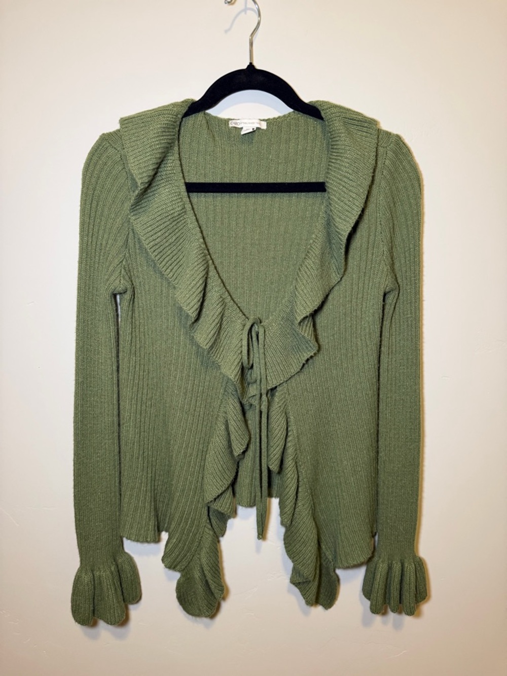 Cato Olive Green Ruffle Tie-Front Cardigan